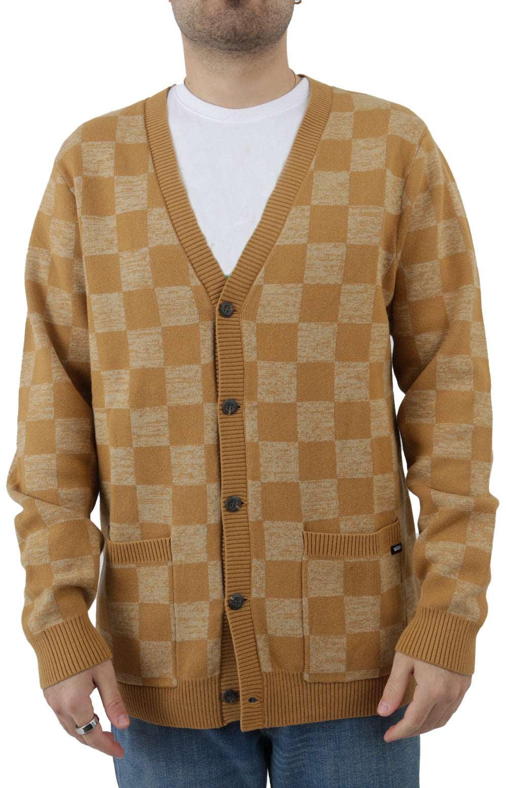 Checkerboard Jacquard Cardigan - Bone Brown