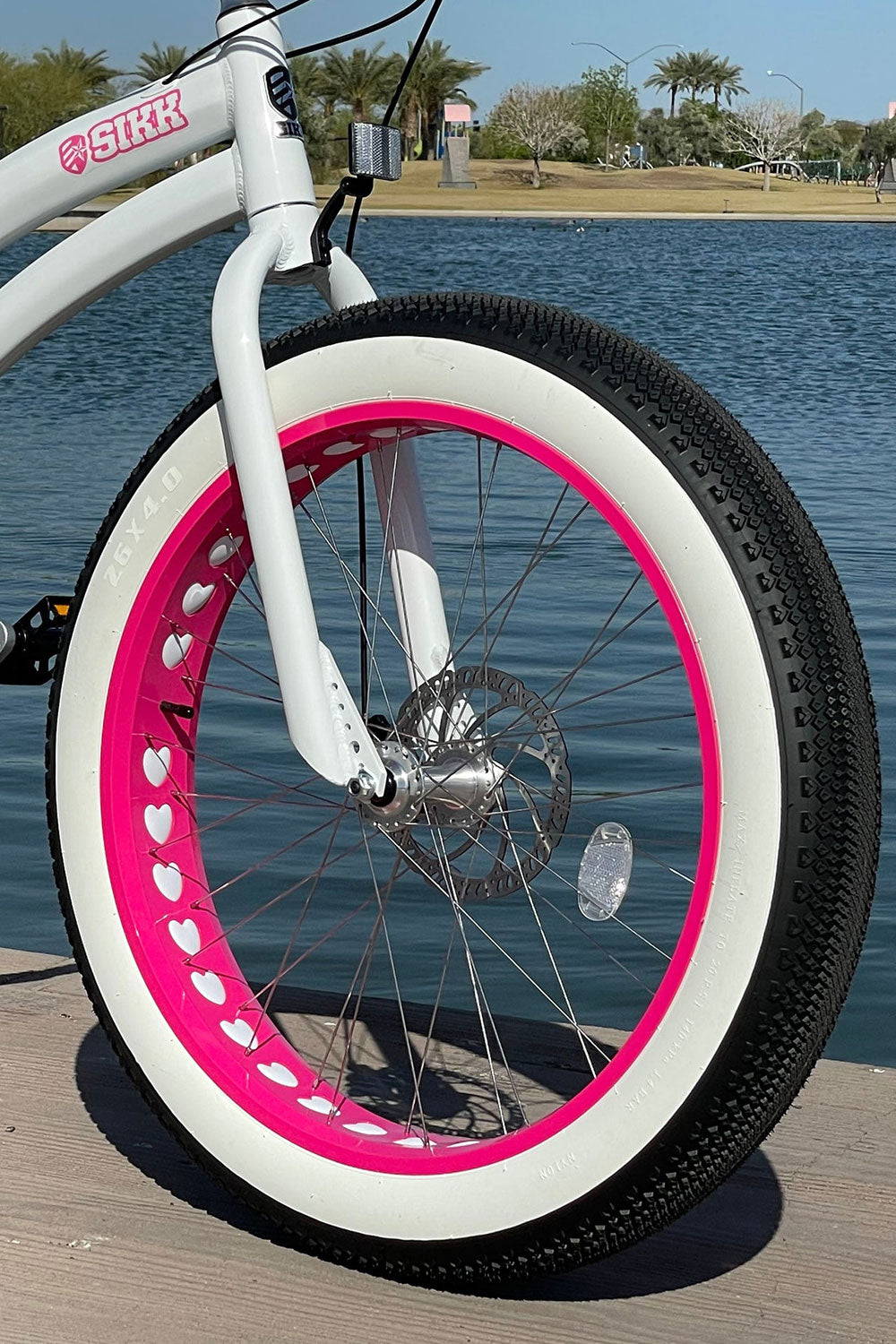 Sikk Ladies UFO 7 Speed SS Aluminum Frame White Frame Pink Heart Wheels Fat Tire Cruiser