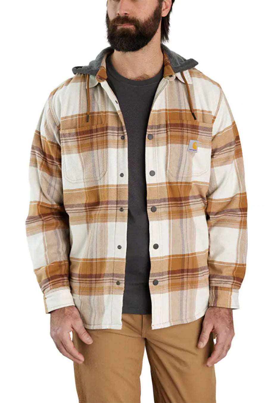 (105938) Rugged Flex Relaxed Fit Flannel Fleece Lined Hooded Shirt Jacket - Carhartt Brown