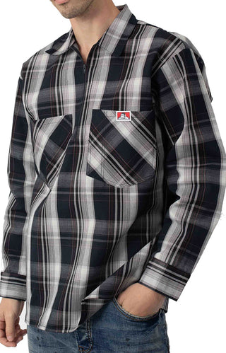 Long Sleeve 1/2 Zip Plaid Shirt - Navy/Grey