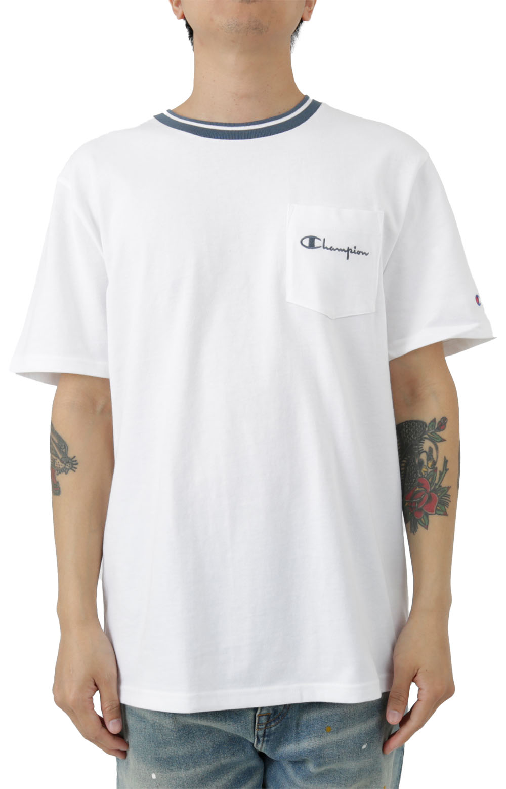Embroidered Script Logo Tipped Collar Pocket T-Shirt - White
