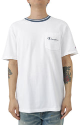 Embroidered Script Logo Tipped Collar Pocket T-Shirt - White