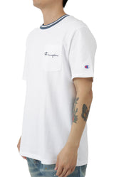 Embroidered Script Logo Tipped Collar Pocket T-Shirt - White