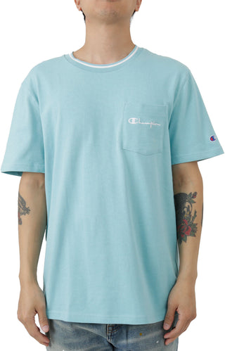Embroidered Script Logo Tipped Collar Pocket T-Shirt - Amazing Aqua