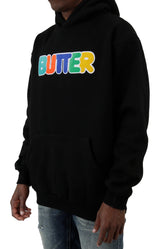 Rounded Chenille Applique Pullover Hoodie - Black