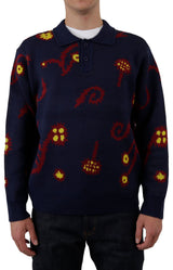 Navy Multi Intarsia Collared Sweater