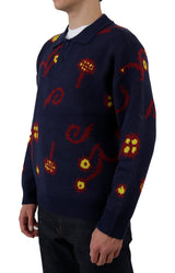 Navy Multi Intarsia Collared Sweater