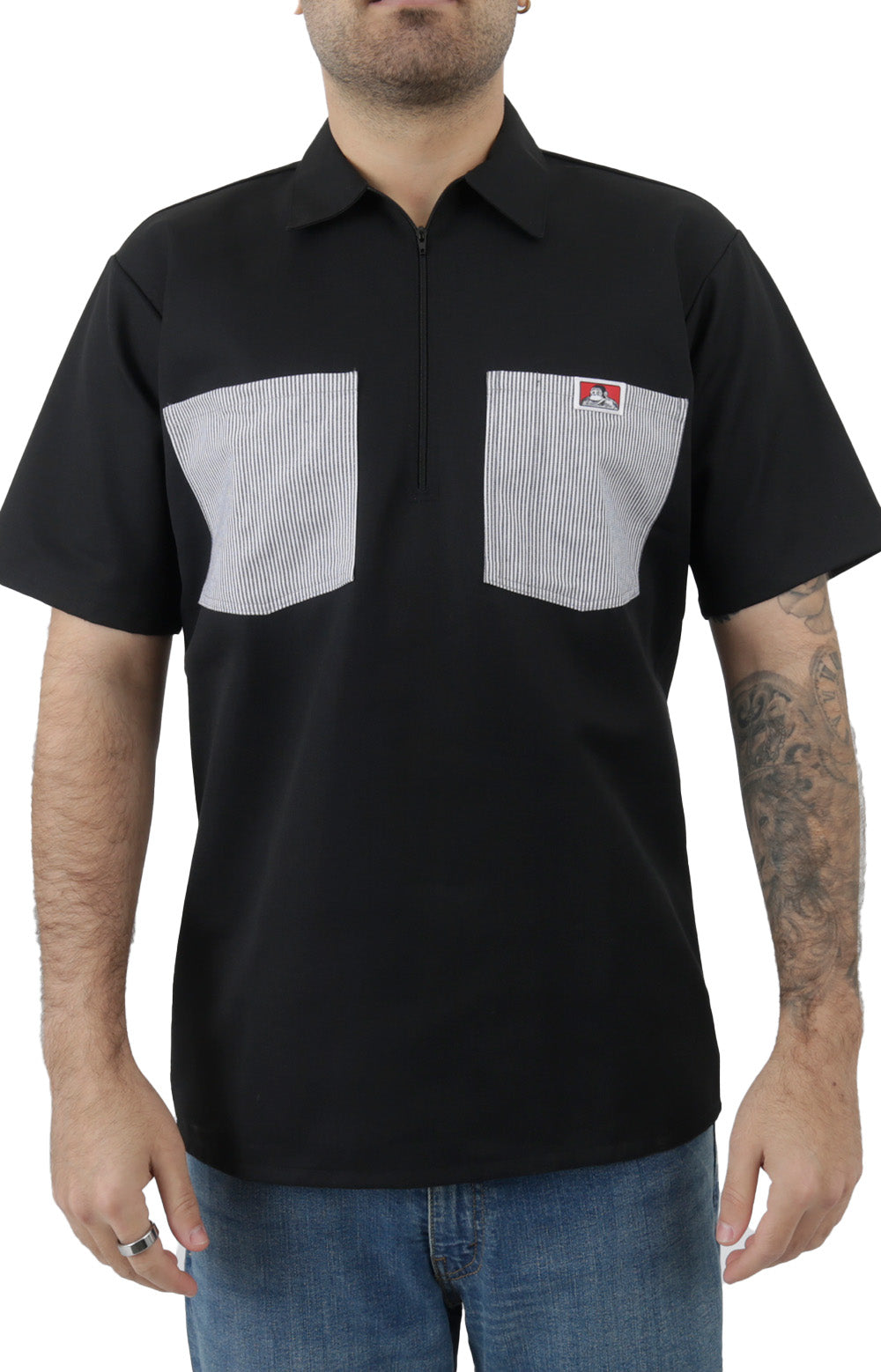 Short Sleeve Solid w/ Striped Pockets 1/2 Zip Shirt - Black